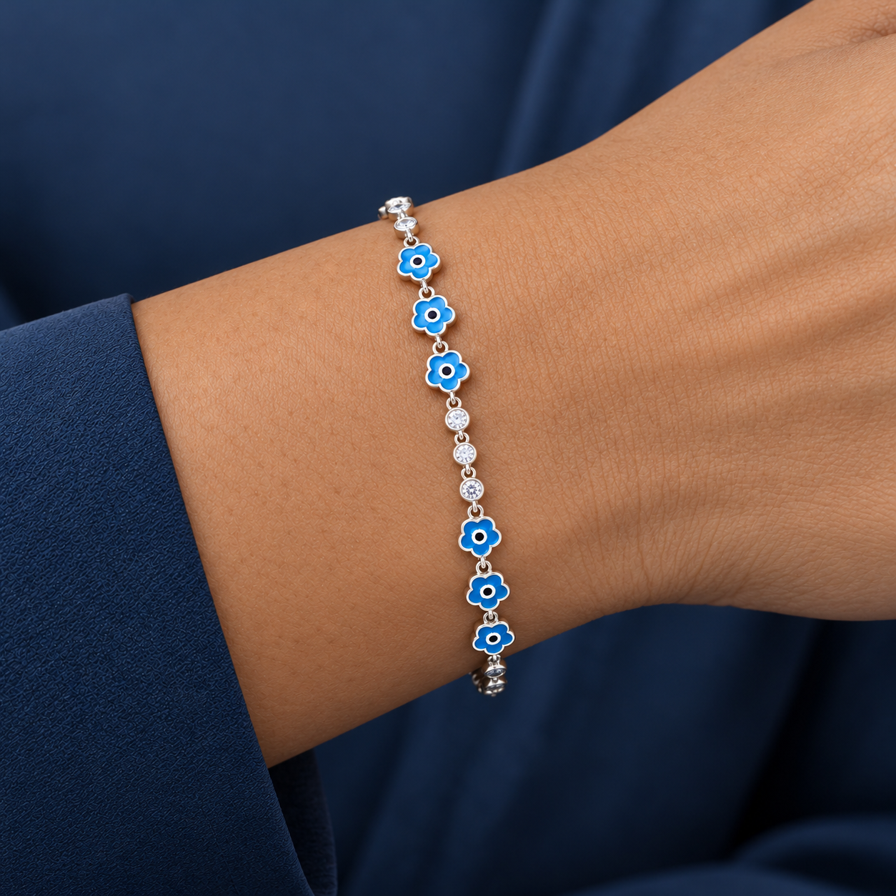 925 Silver Blue Floral Charm Bracelet