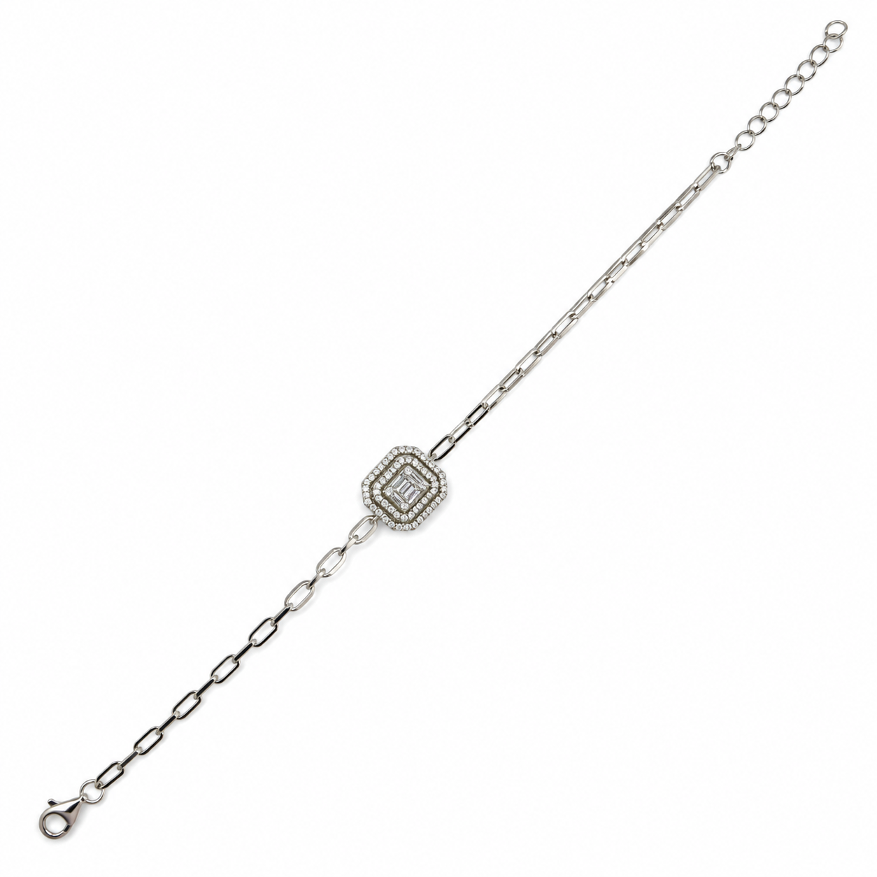 925 Silver Emerald Cut Halo Link Bracelet