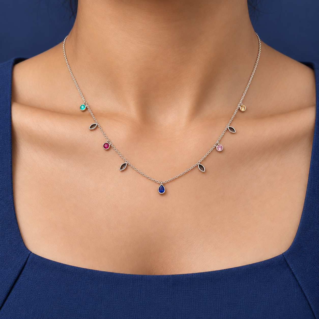 925 Silver Multicolor Stone Charm Necklace