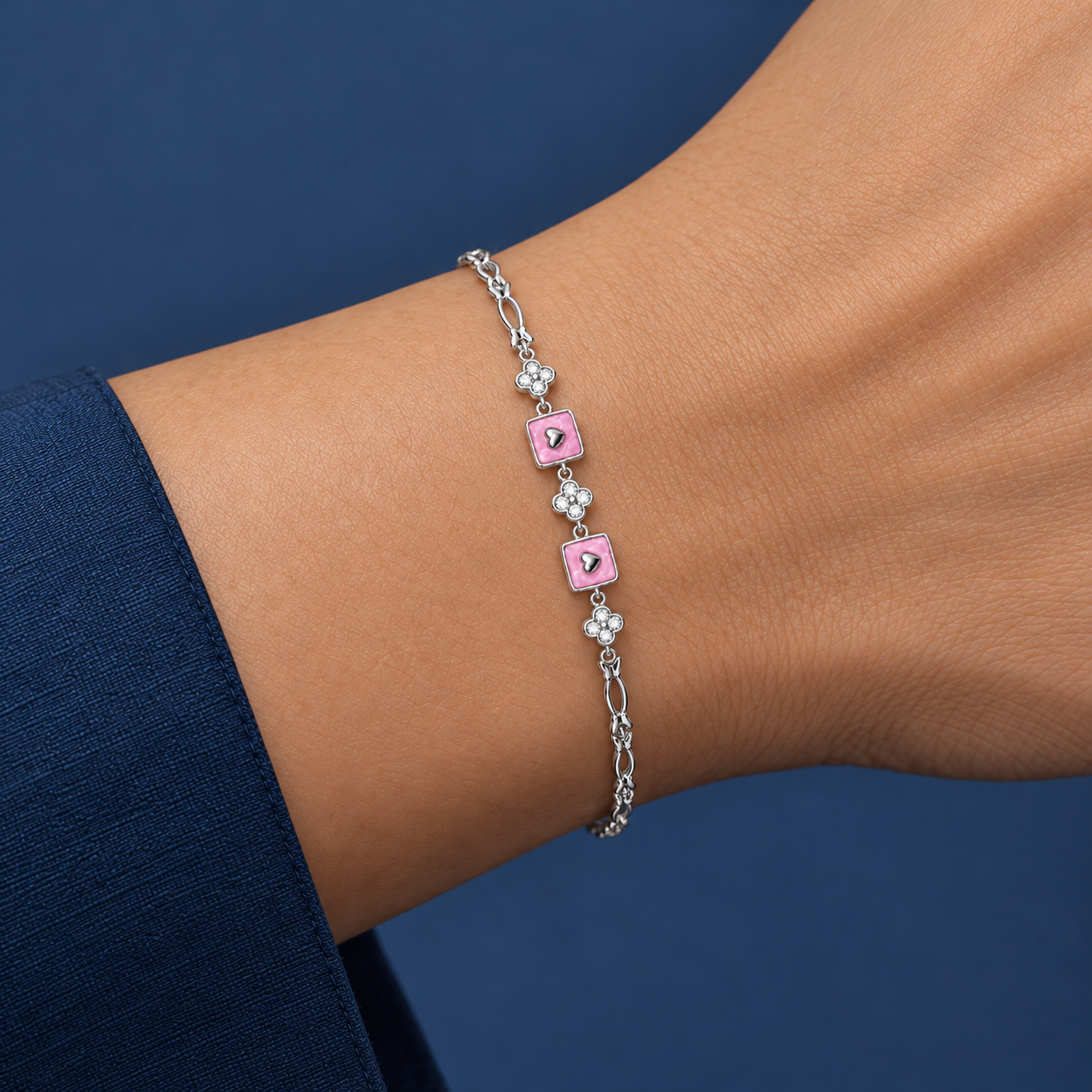 925 Silver Pink Square Heart Charm Bracelet