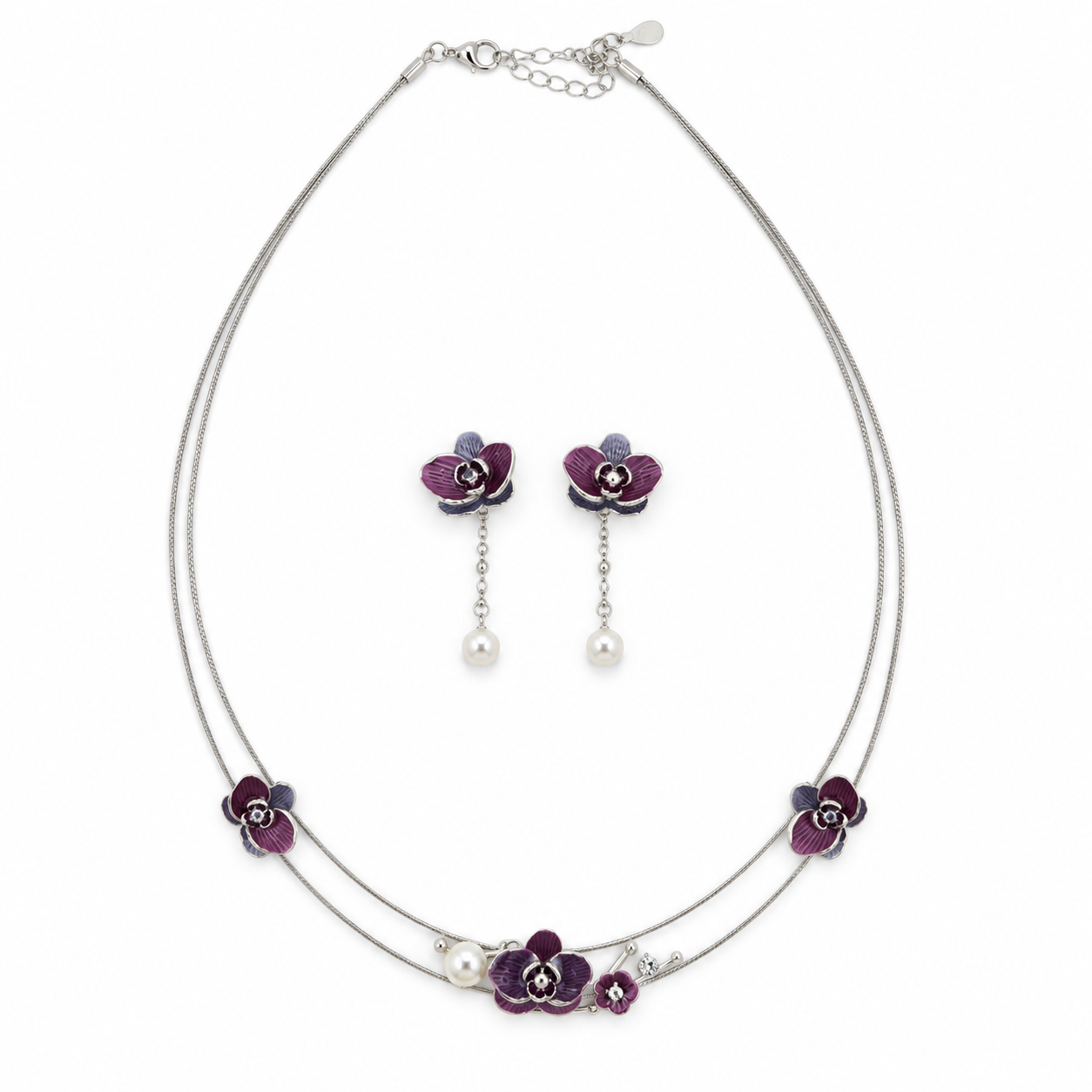 925 Silver Purple Orchid Necklace & Earrings Set