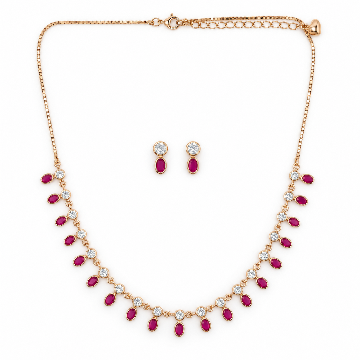 925 Silver Ruby Pink Drop Necklace & Earrings Set