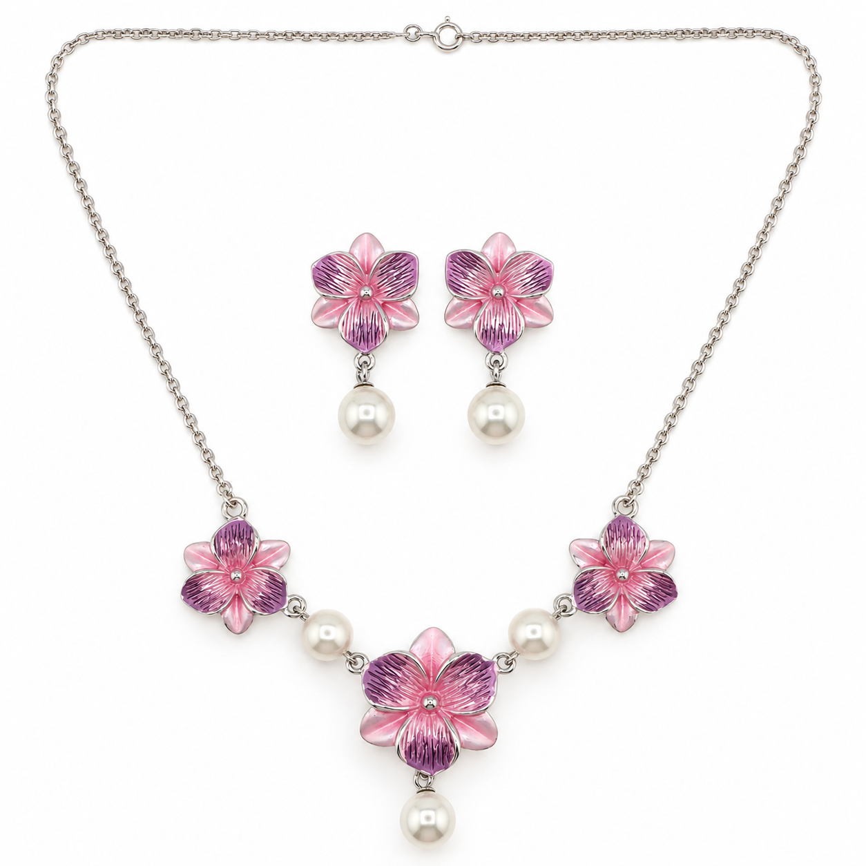 925 Silver Pink Orchid Pearl Necklace & Earrings Set