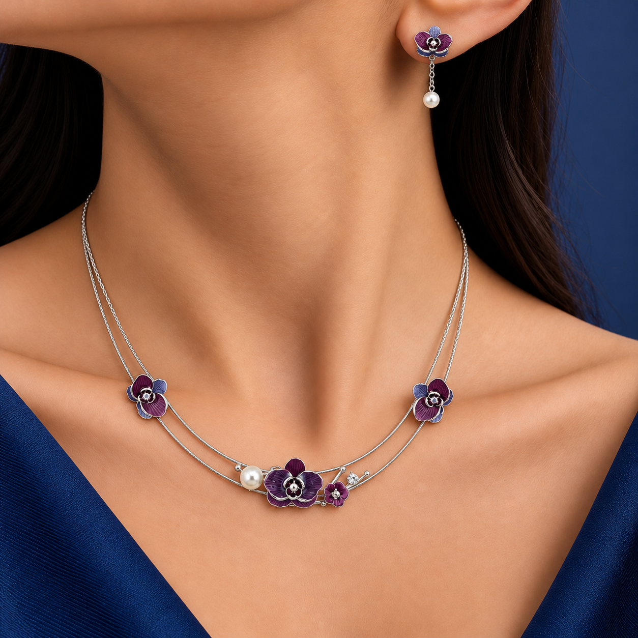 925 Silver Purple Orchid Necklace & Earrings Set