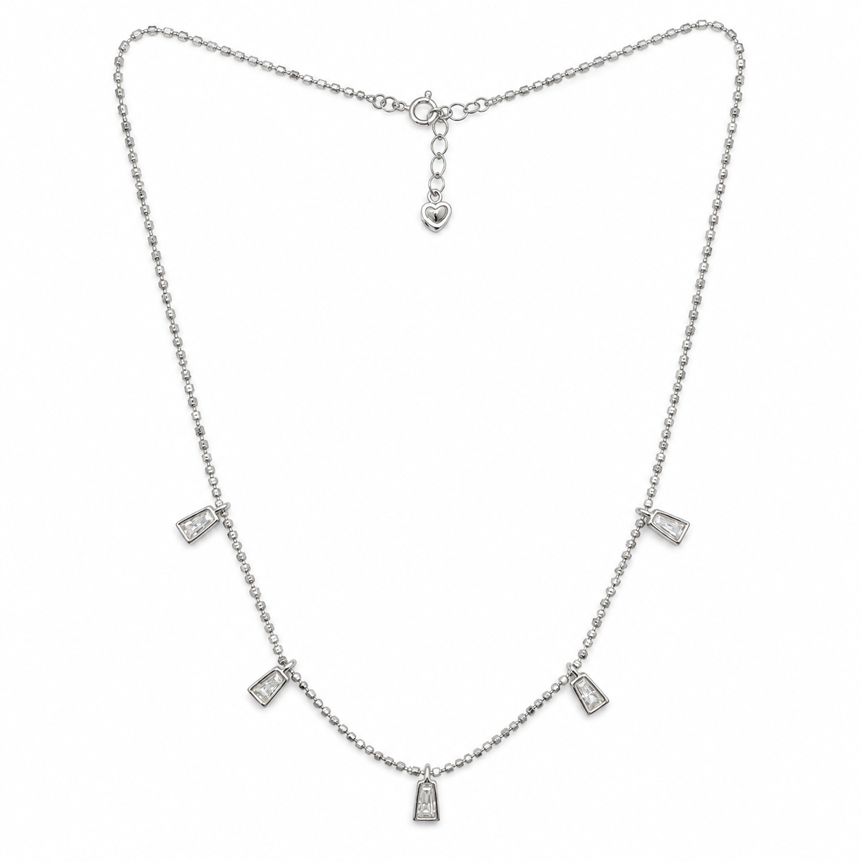 Elegant Silver Beaded Chain Necklace with Five Crystal Drop Charms