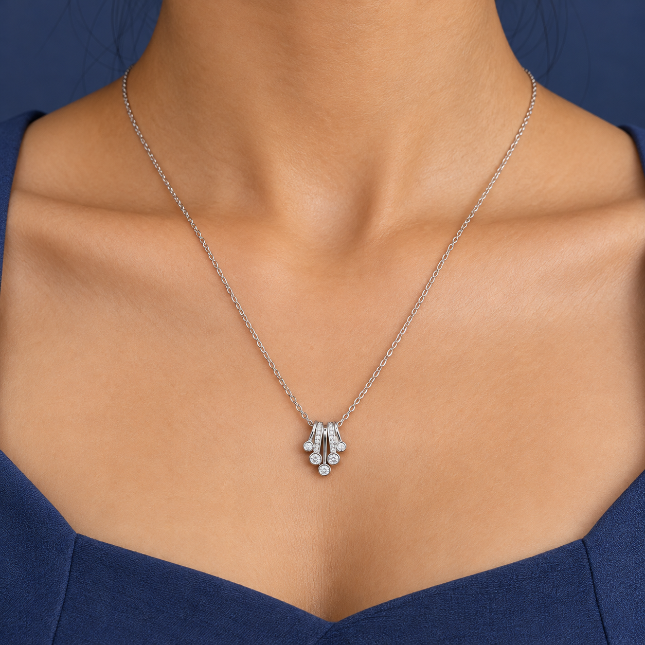 Elegant Silver Five-Drop Crystal Pendant Necklace