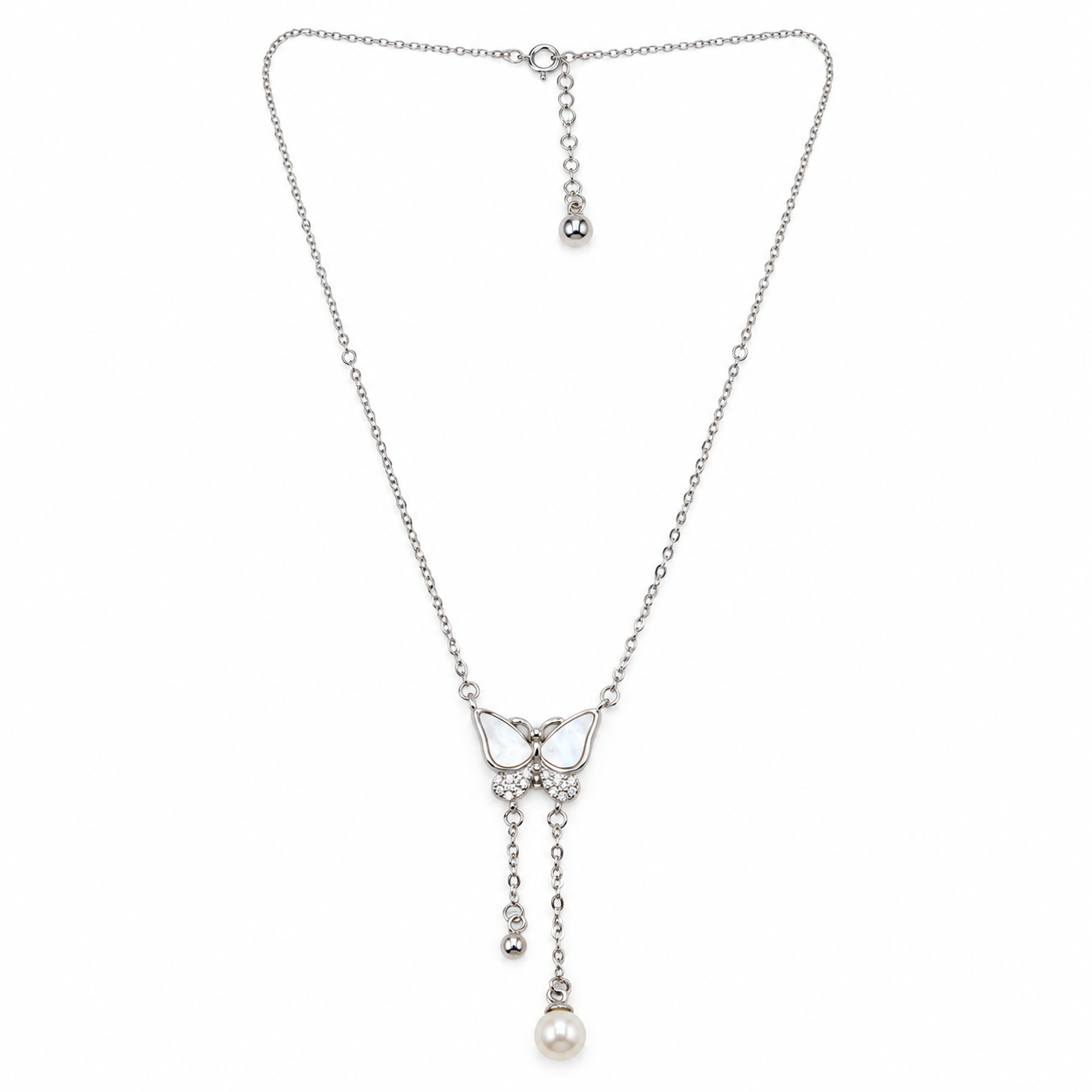 Elegant Silver Butterfly Pearl Drop Chain Pendant Necklace