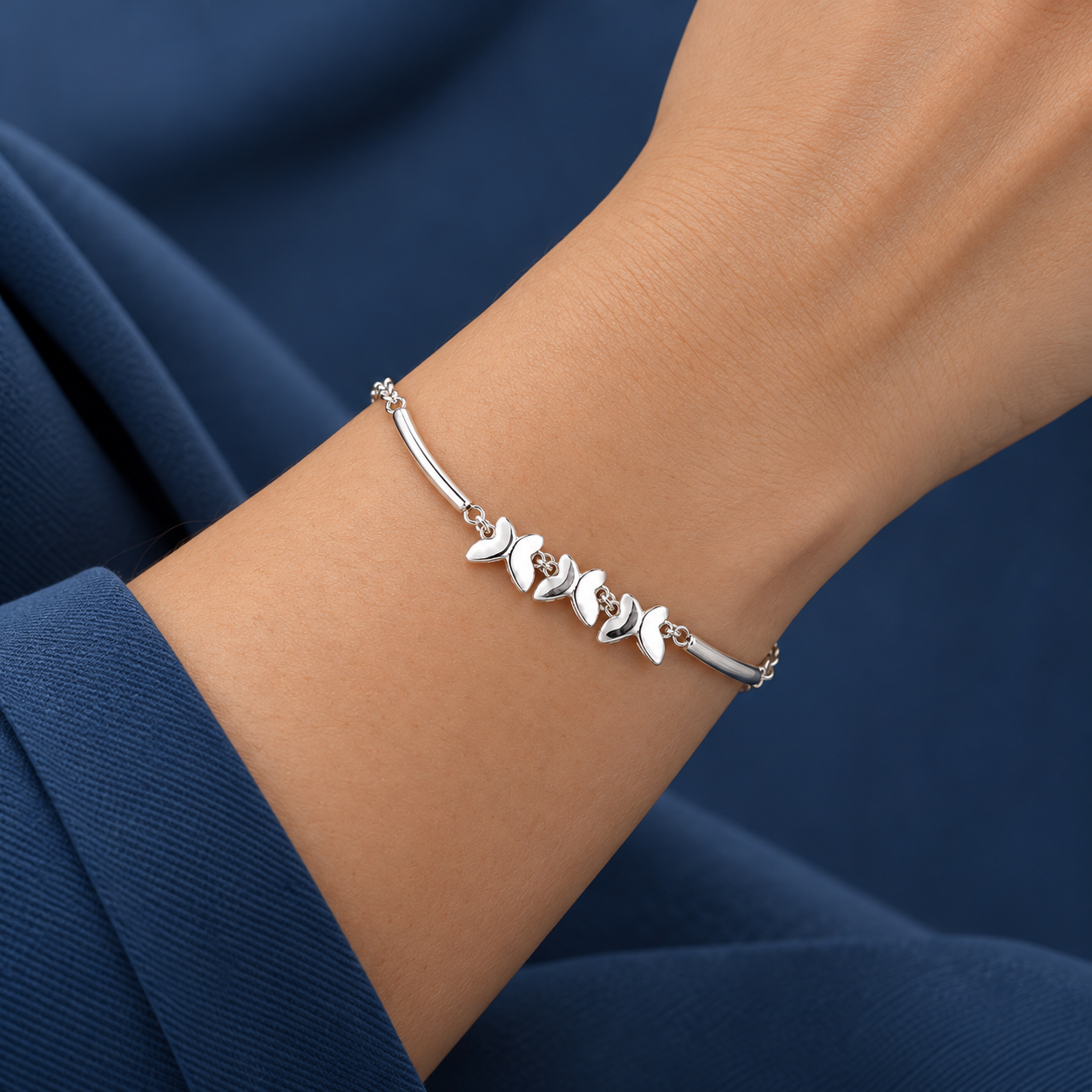 Triple Butterfly Charm 925 Silver Kada Bracelet