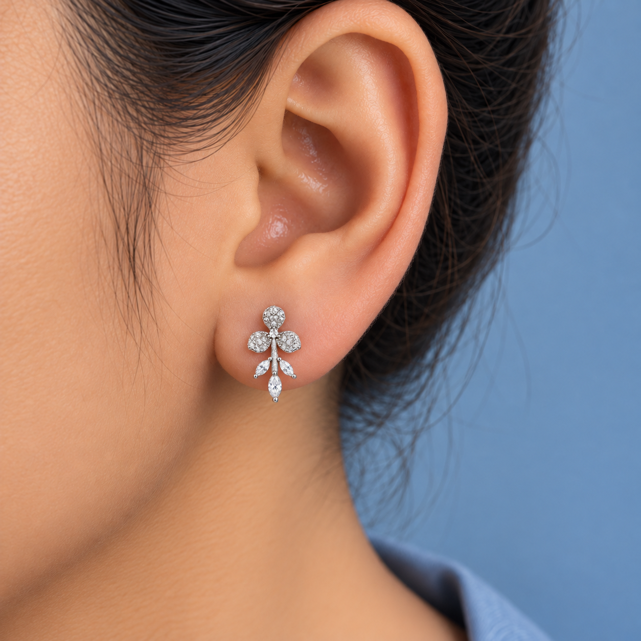 Elegant Three Petal Floral 925 Sterling Silver Stud Earrings