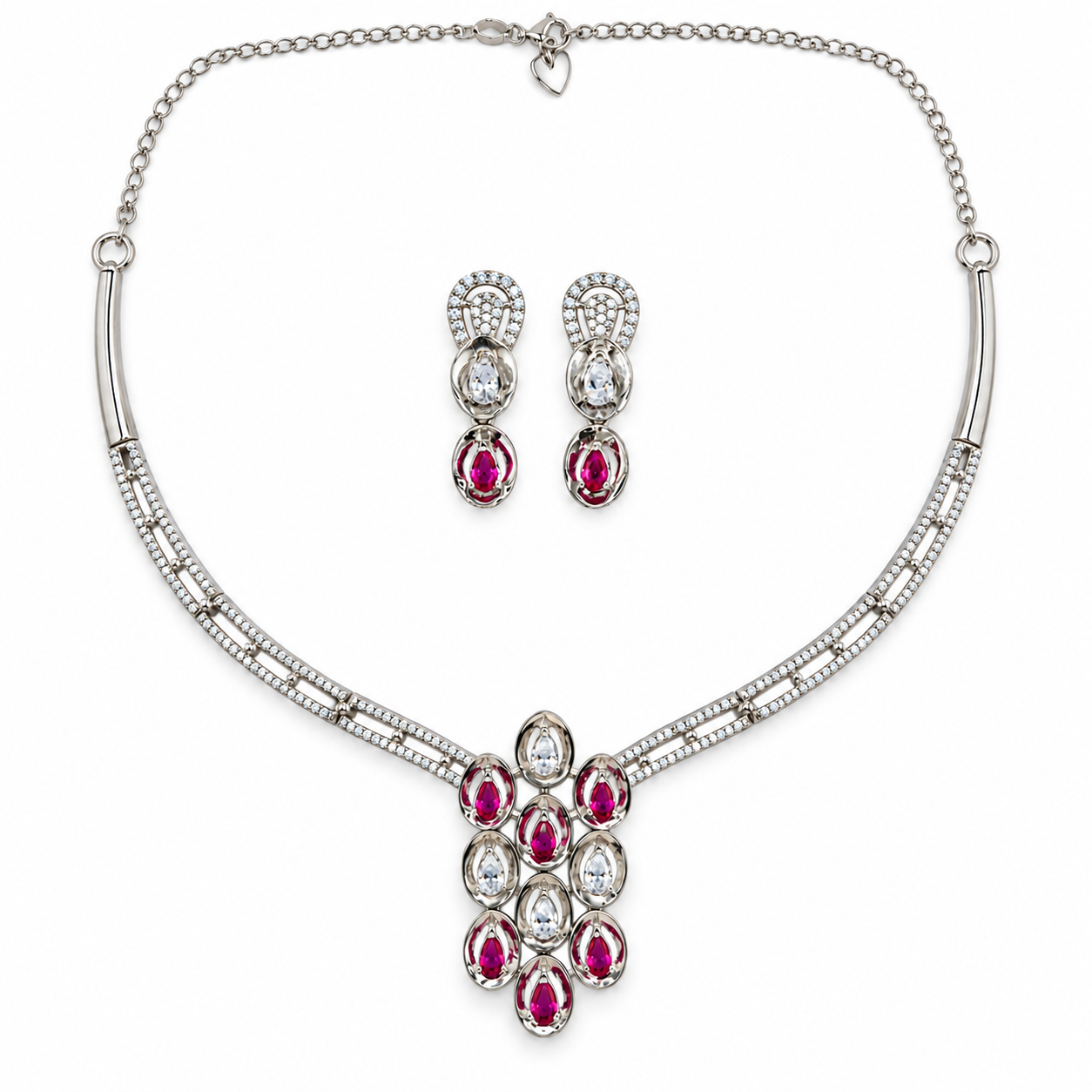 925 Silver Ruby Pink Teardrop Necklace Set
