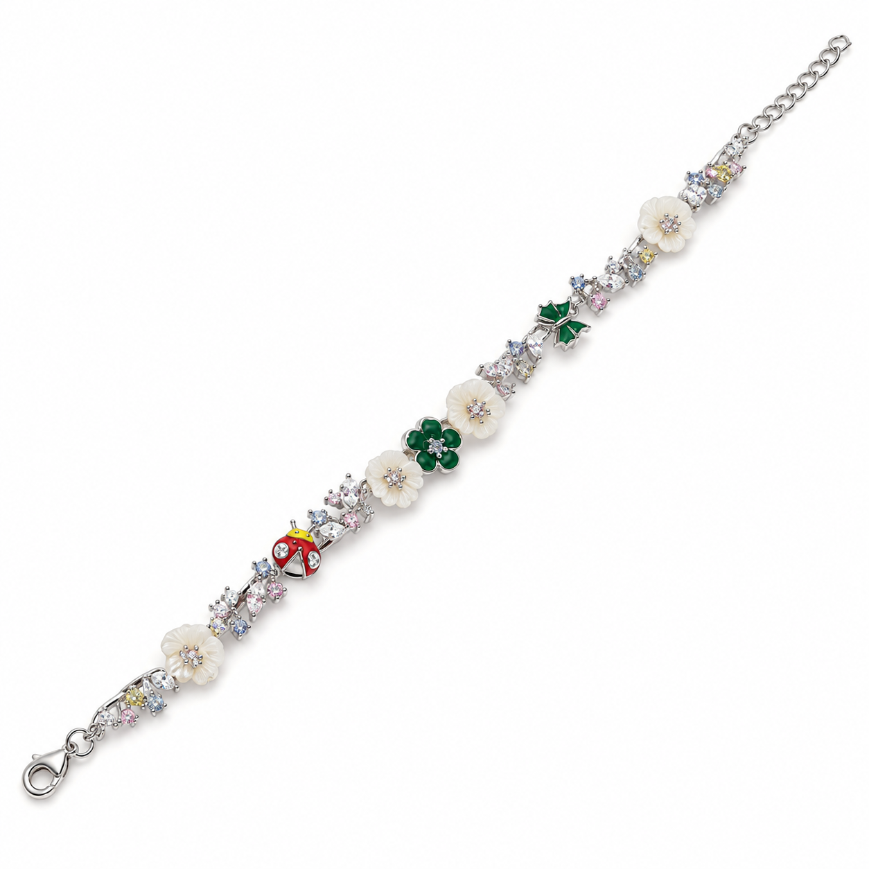 925 Silver Colorful Floral Charm Bracelet