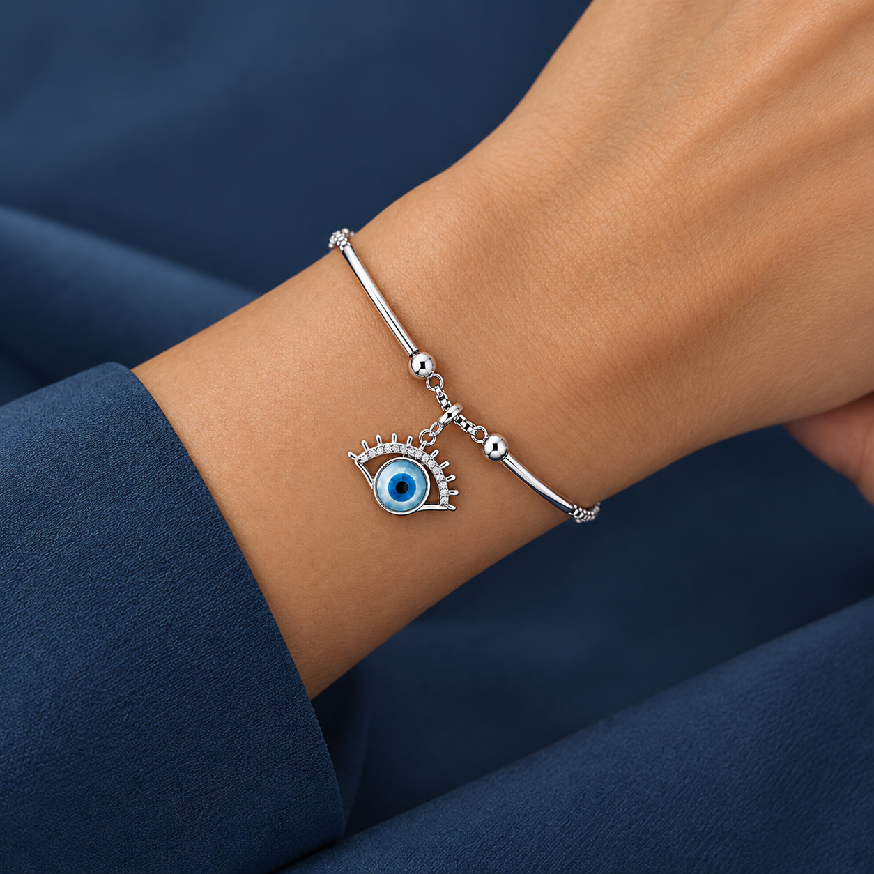Evil Eye Charm 925 Silver Kada Bracelet