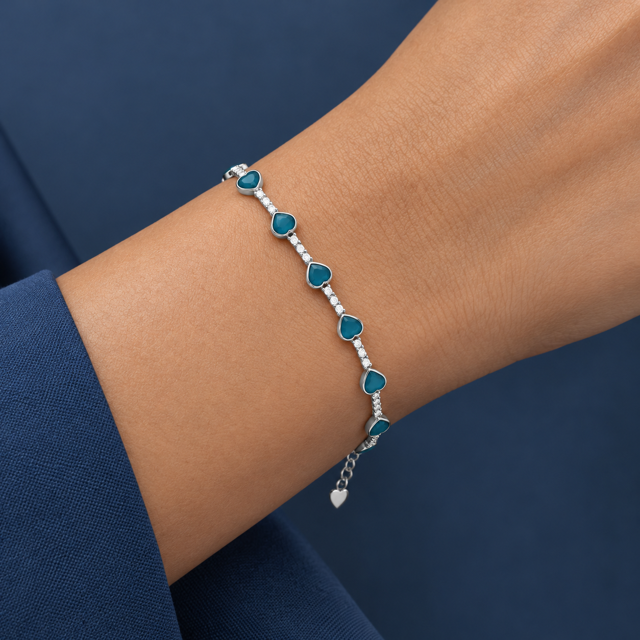 925 Silver Teal Blue Heart Link Bracelet