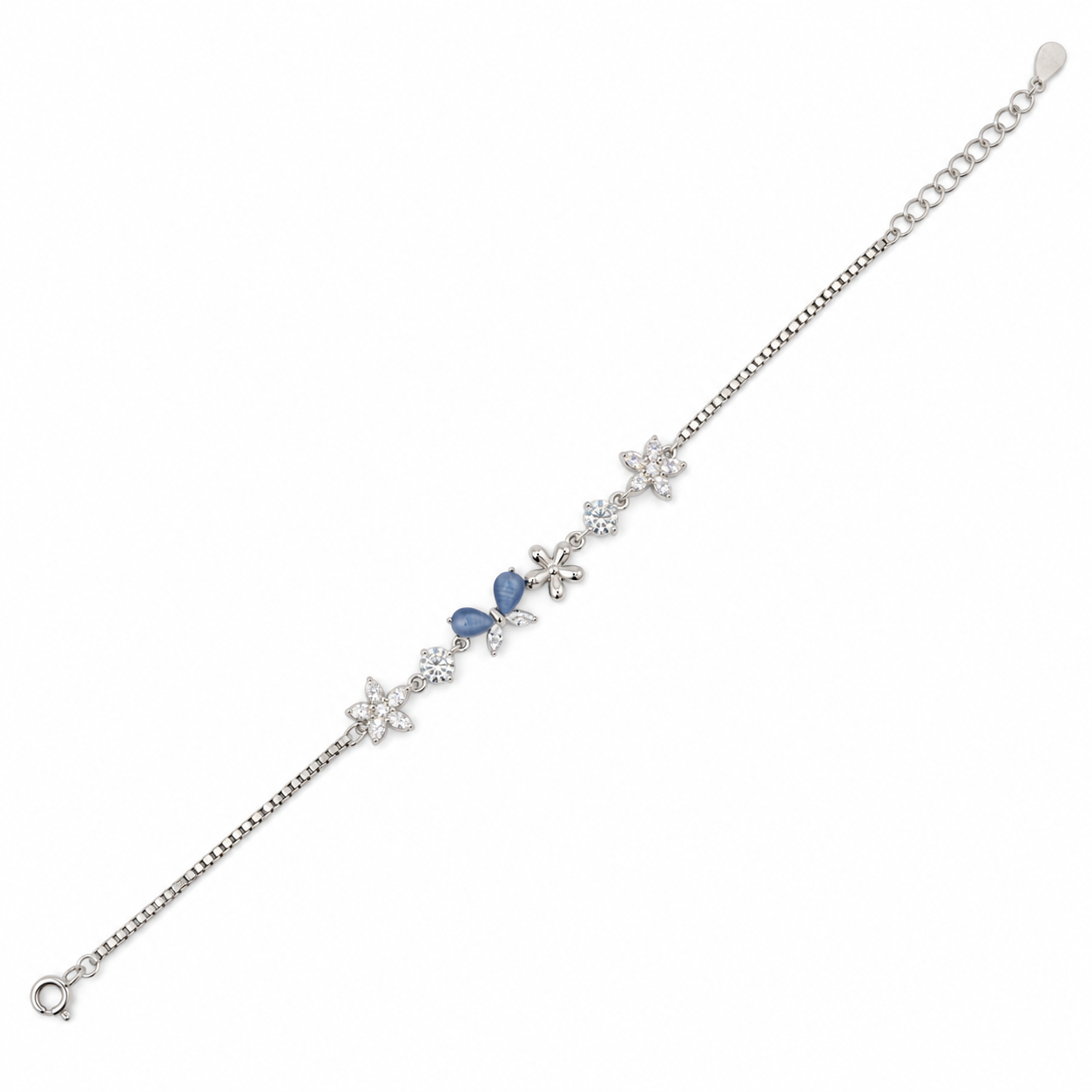 925 Silver Blue Butterfly Floral Bracelet