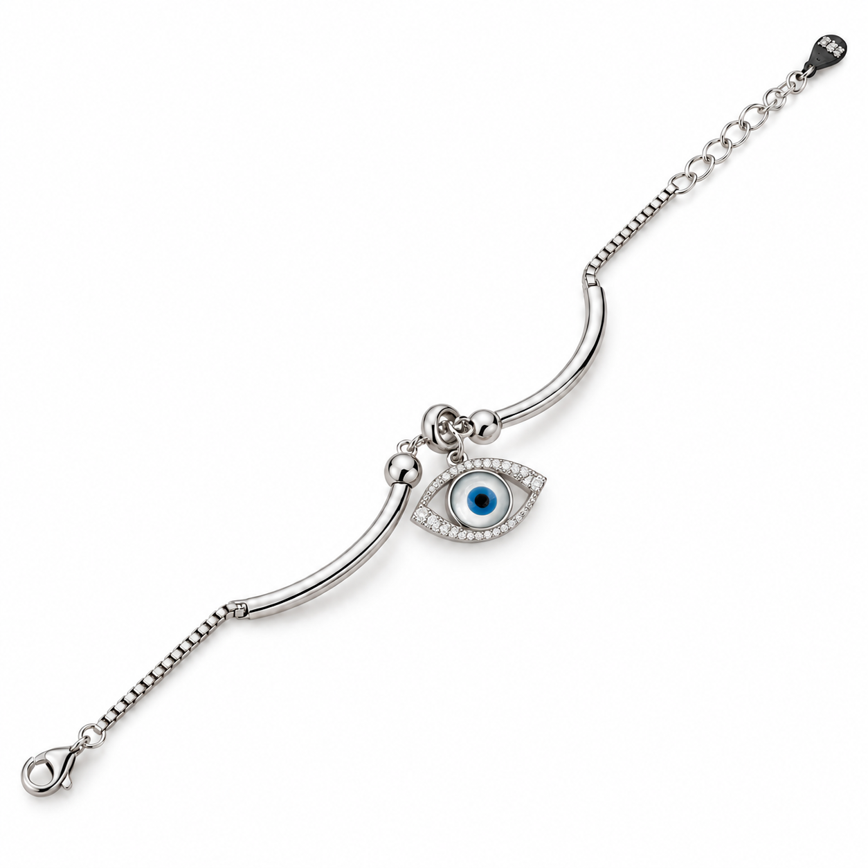 Sparkling Blue Evil Eye 925 Silver Kada Bracelet