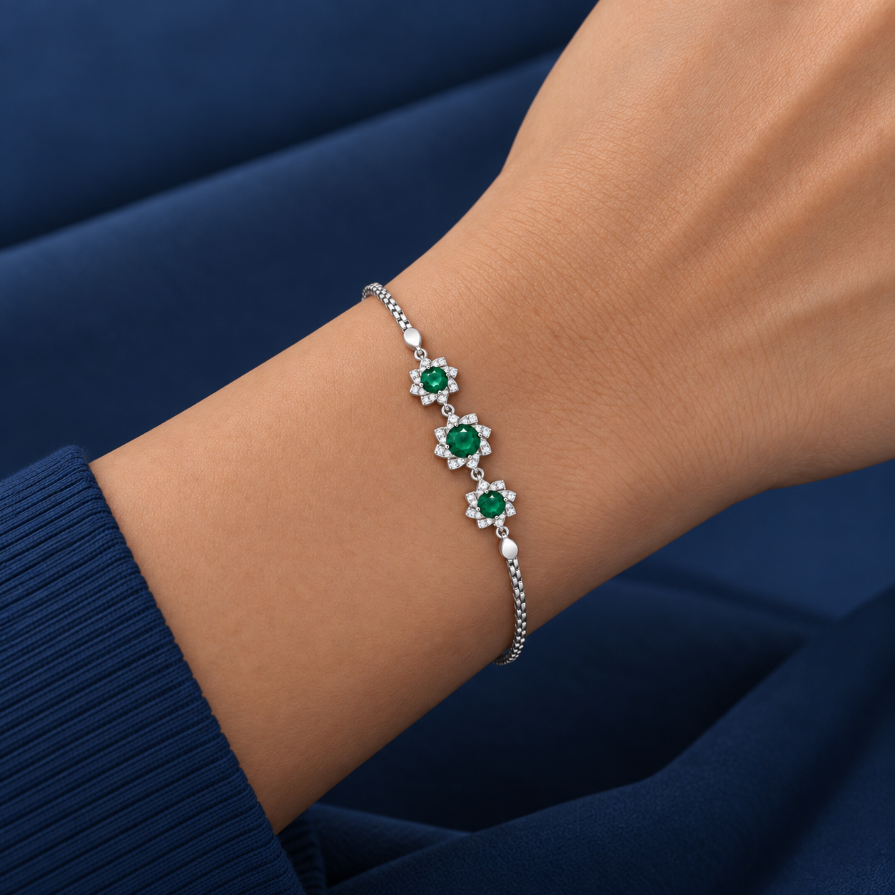 925 Silver Emerald Green Floral Bracelet