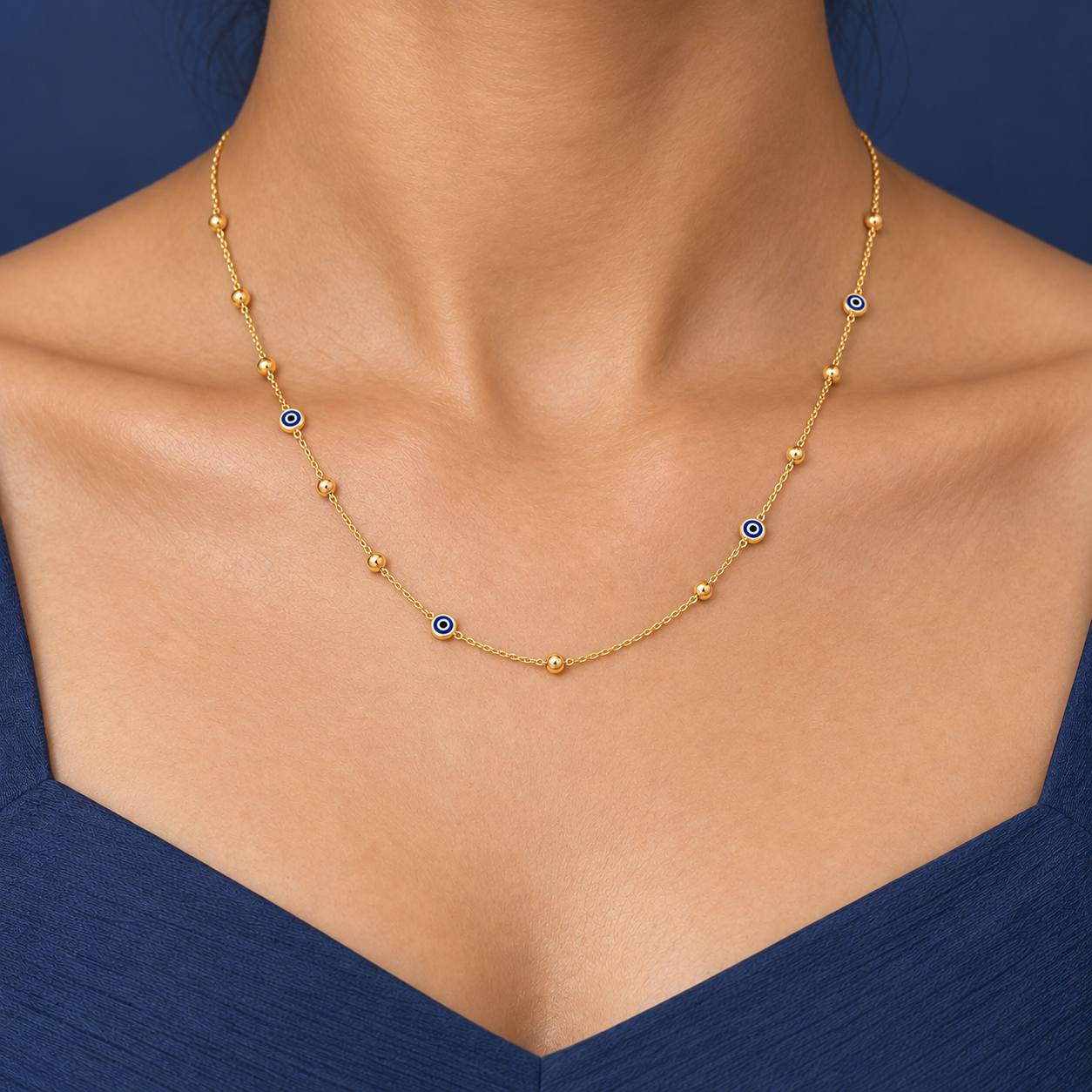 Elegant Gold-Tone Evil Eye Beaded Chain Necklace