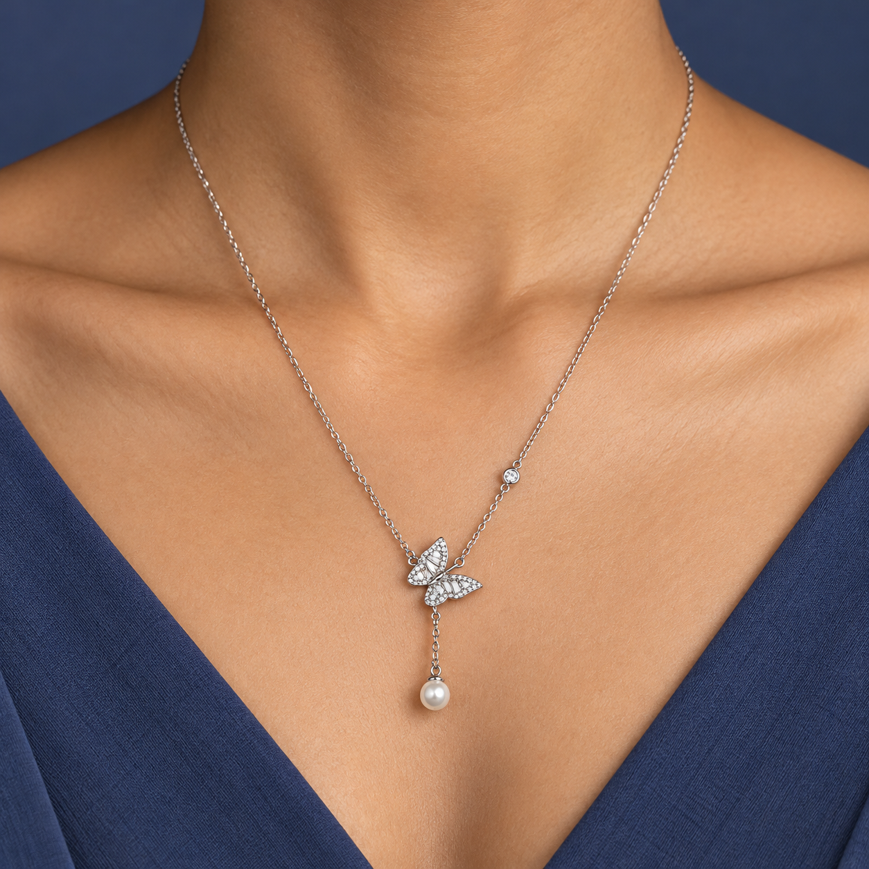 925 Silver Sparkling Butterfly Pearl Drop Necklace