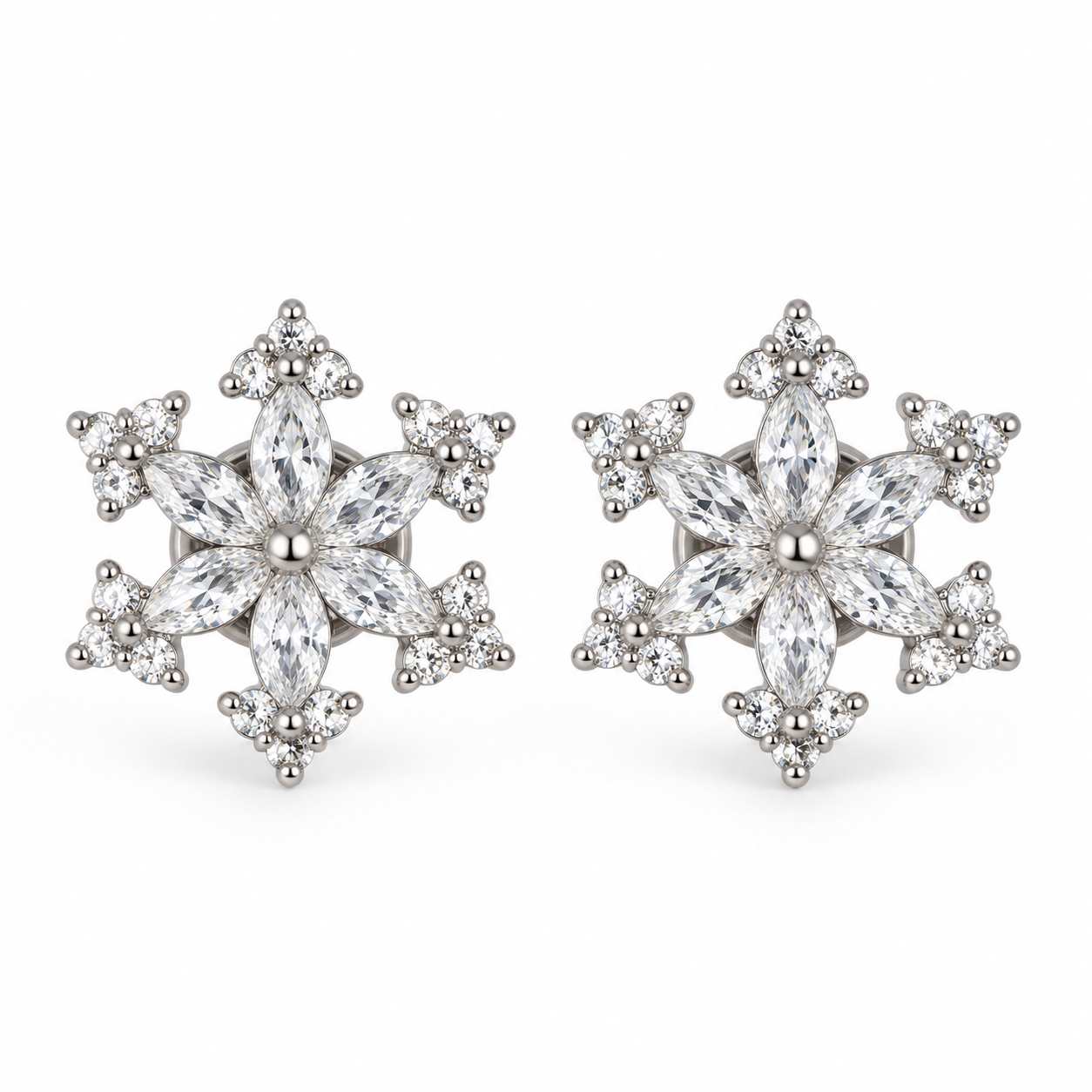 Elegant Six Petal Floral 925 Sterling Silver Stud Earrings