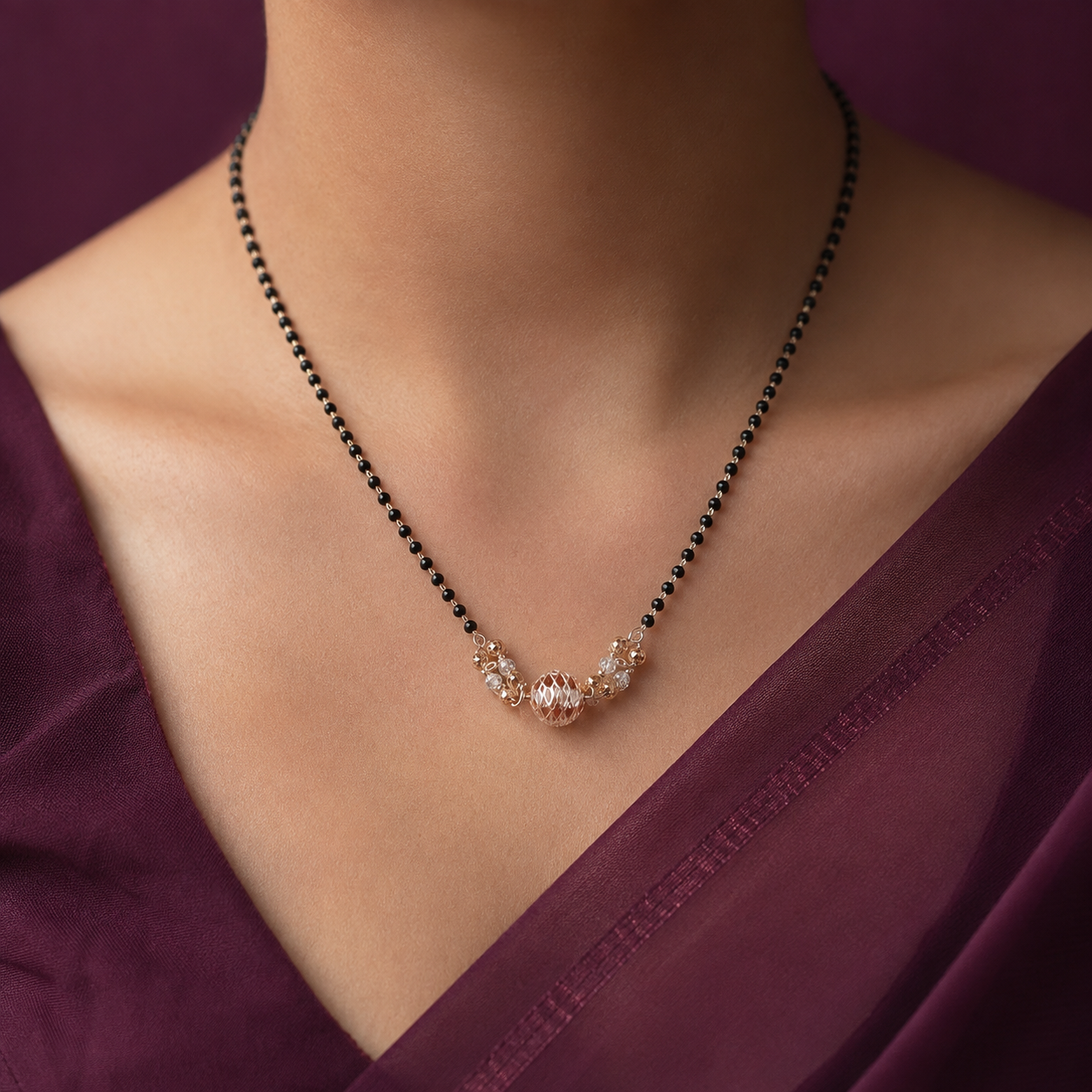 Silver Gold Plated Black Beads Mangalsutra with Designer Ball Pendant