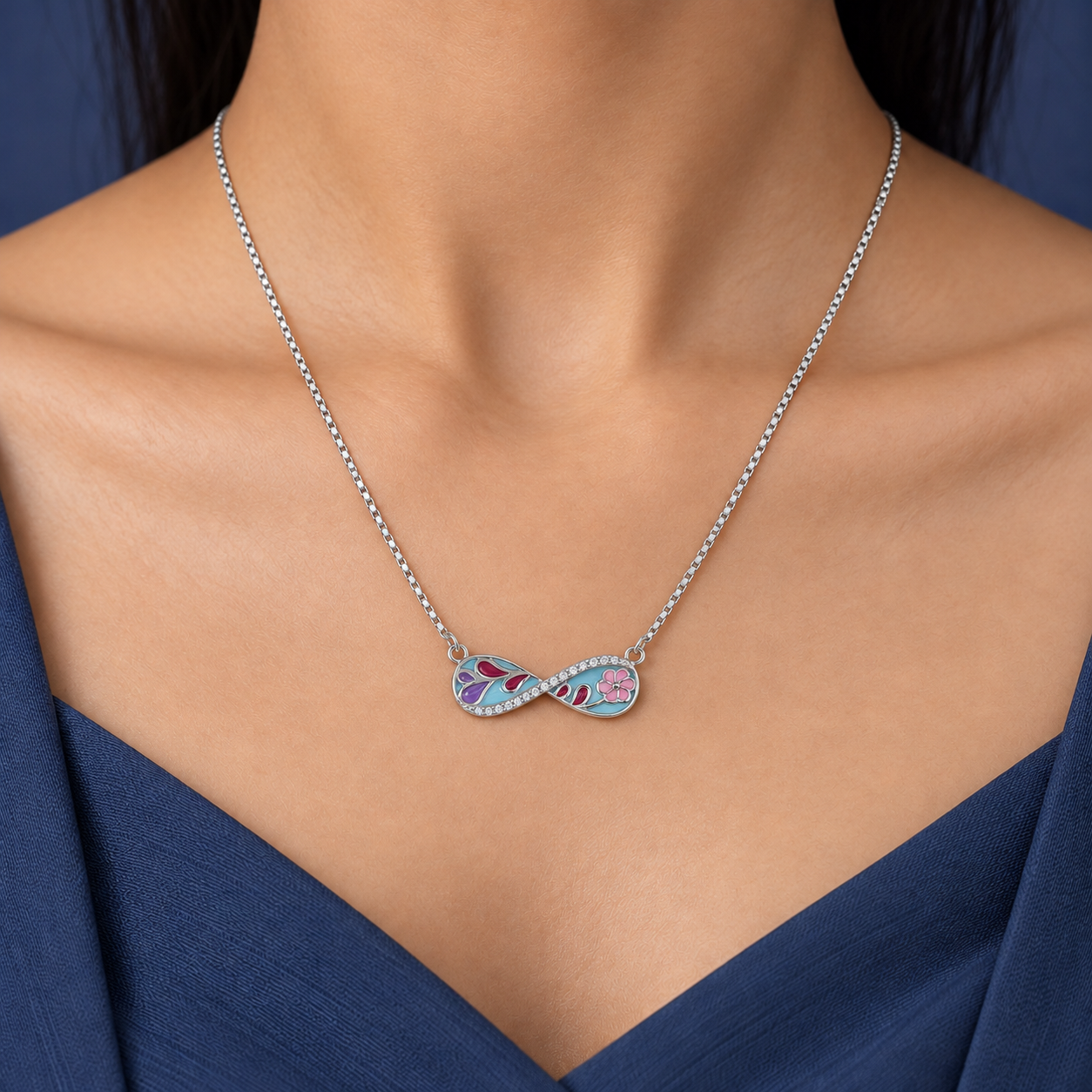 Elegant Silver Infinity Floral Enamel Chain Pendant Necklace