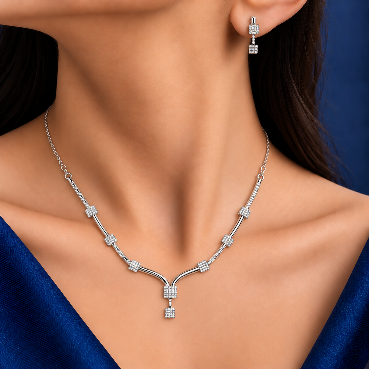 925 Silver Sparkling Square Drop Necklace & Earrings Set